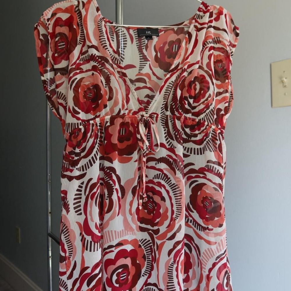 Womens Summer Abstract Floral Red‎ Flower Dress Sz L